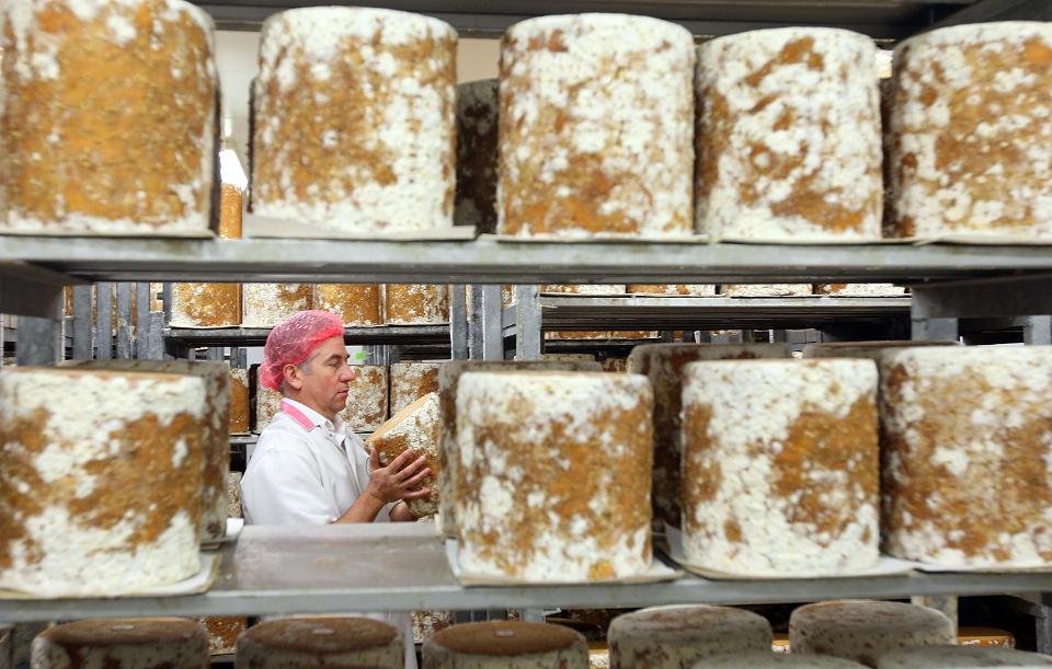 Stilton cheese at the Cropwell Bishop Creamery near Nottingham, England.