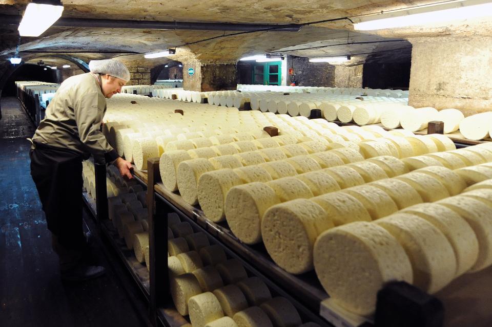 A cheesemaker looks at cheeses at the Roquefort Societé on May 16, 2013 in a cellar at Roquefort-sur-Soulzon, southern France.