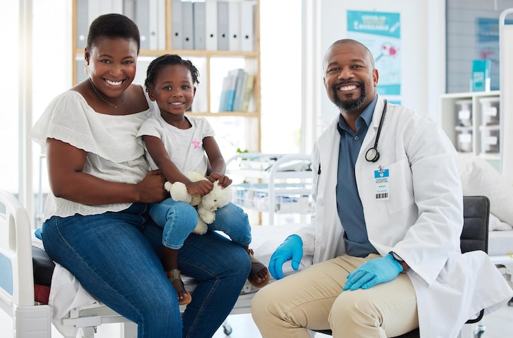 Medical professional providing pediatric care for a sick child during a family trip abroad
