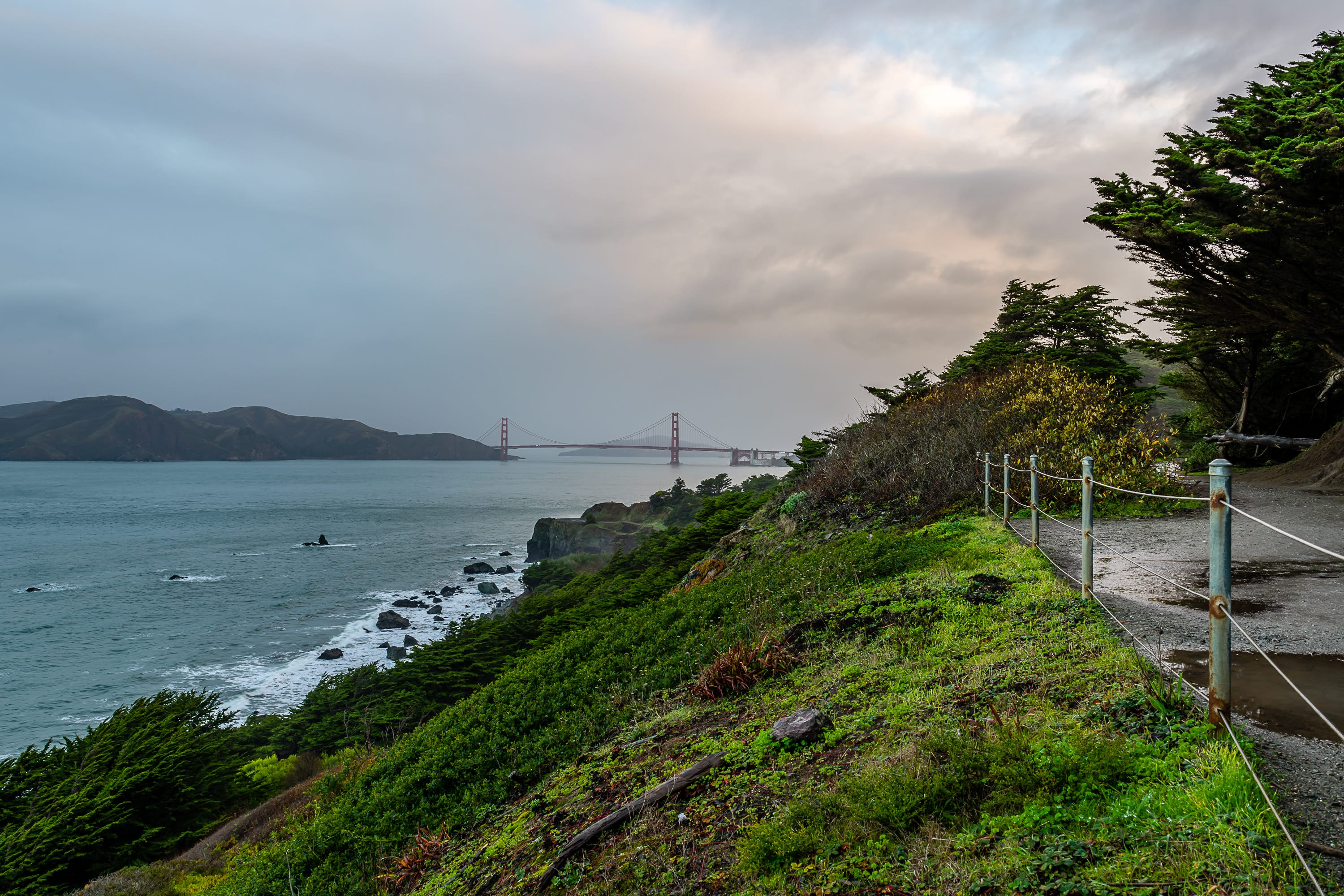 The Lands End Labyrinth and the Coastal Trail along the San Francisco coastline on a cloudy day